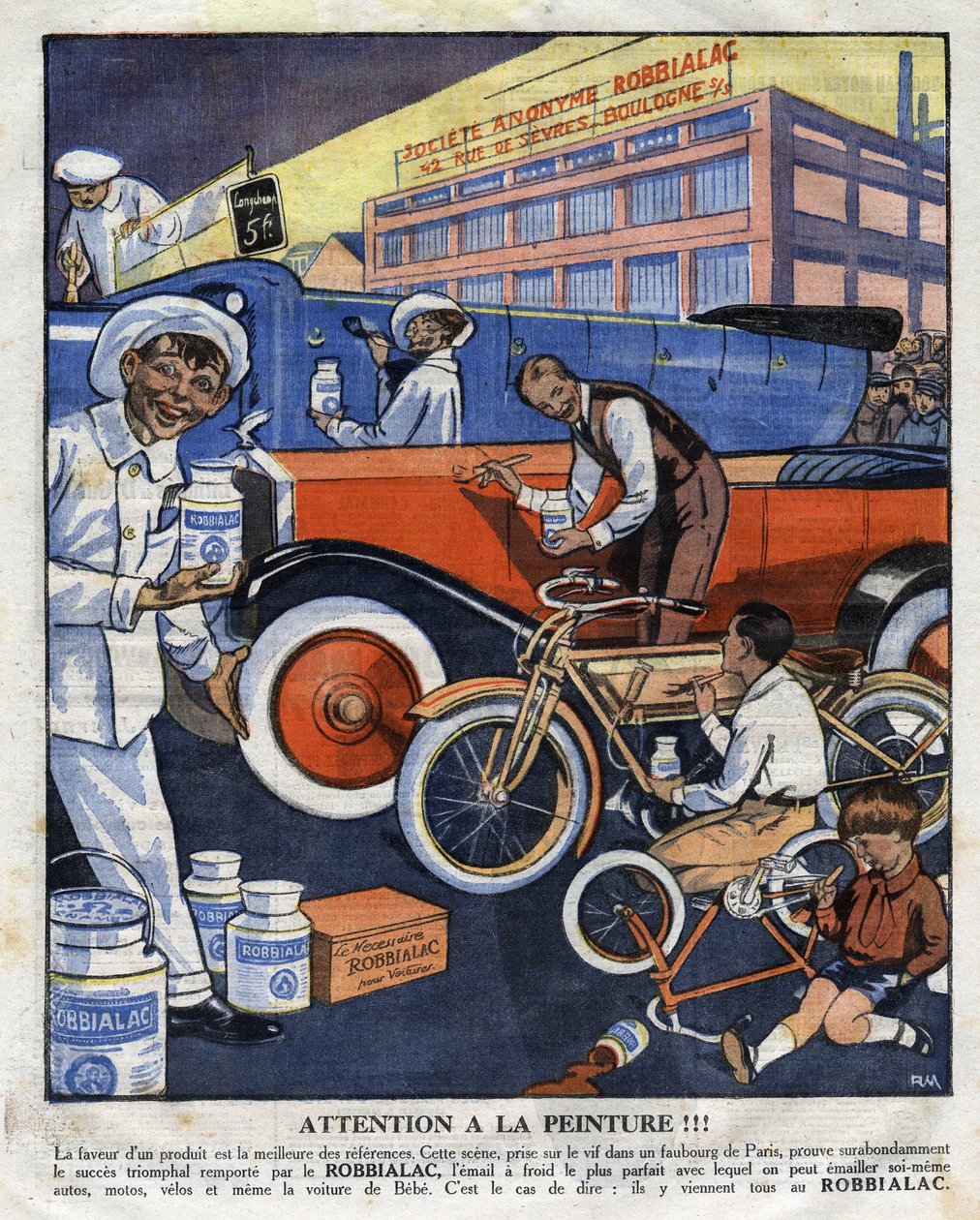 Mainoskuvitus maalauksille Robbialac sopii kaikkiin käyttötarkoituksiin (auto, auto, moottoripyörä, pyörä). Kuvitus "" Le petit journal" -julkaisusta 22/02/1925 Collection privee tekijältä Anonymous Anonymous