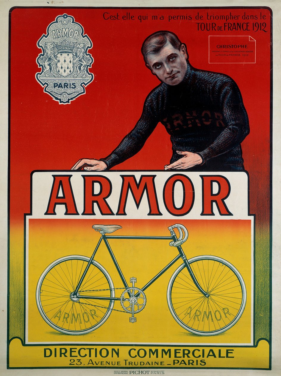 Mainosjuliste pyörälle "" Armor"" pyöräilijä Eugene Christophen (1885-1970) kanssa, joka voitti 3 vaihetta ja oli Tour de Francen vuoden 1912 yleisluokituksen toinen: "" Hän antoi minulle mahdollisuuden voittoon Tour de France 1912, sd 20. vuosisadalla tekijältä Anonymous Anonymous