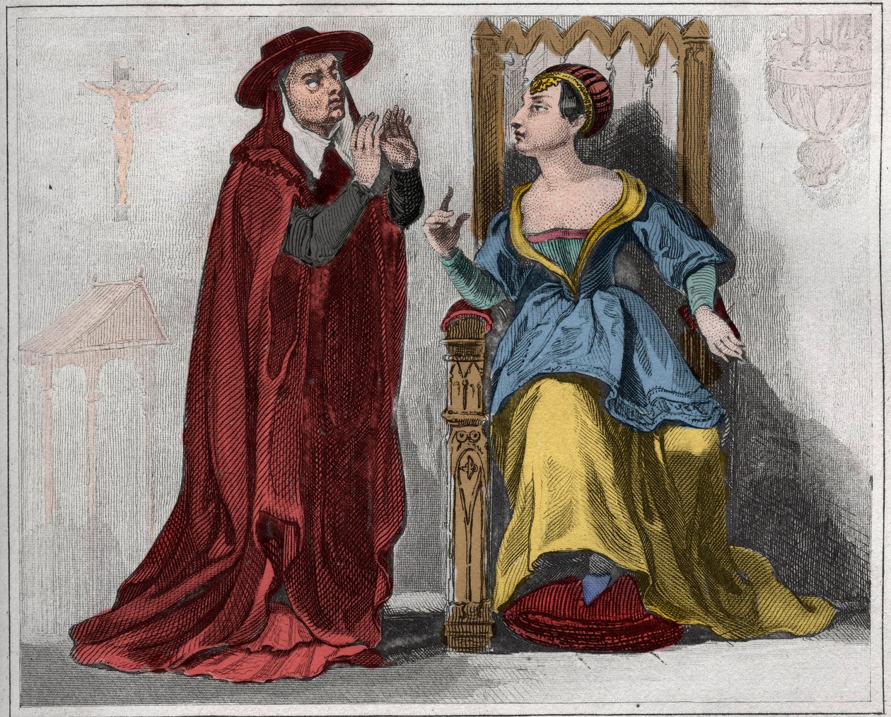 Agnes Sorel (1422-1450) (Beaute sur Marnen rouva) (Beaute-sur-Marne) kardinaalin kanssa. Kaiverrus vuodelta 1859 Le Mondessa. Kaikkien kansojen historia kaukaisimmista ajoista nykypäivään." M. E. de Lostalot-Bachoue (Lostalot Bachoue). . tekijältä Anonymous Anonymous