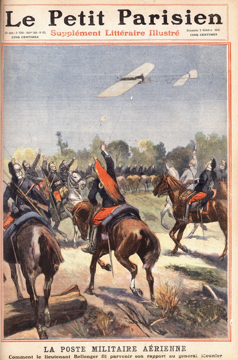 Ilma-armeijaposti: kuinka luutnantti Georges Bellenger (1878-1977) lähetti raporttinsa kenraali Meunierille, "Le petit parisien" -lehden etusivu 10.2.1910 (kaiverrus) tekijältä Anonymous Anonymous