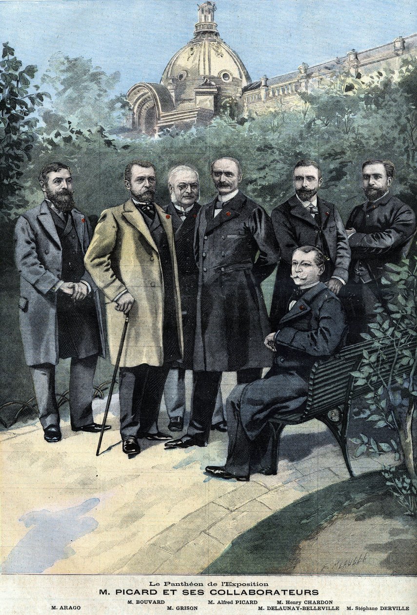 Alfred Picard, vuoden 1900 näyttelyn pääkuraattori ja hänen työtoverinsa Delaunay Belleville, Stephane Derville, Bouvard, Grison ja Francois Arago. tekijältä Anonymous Anonymous