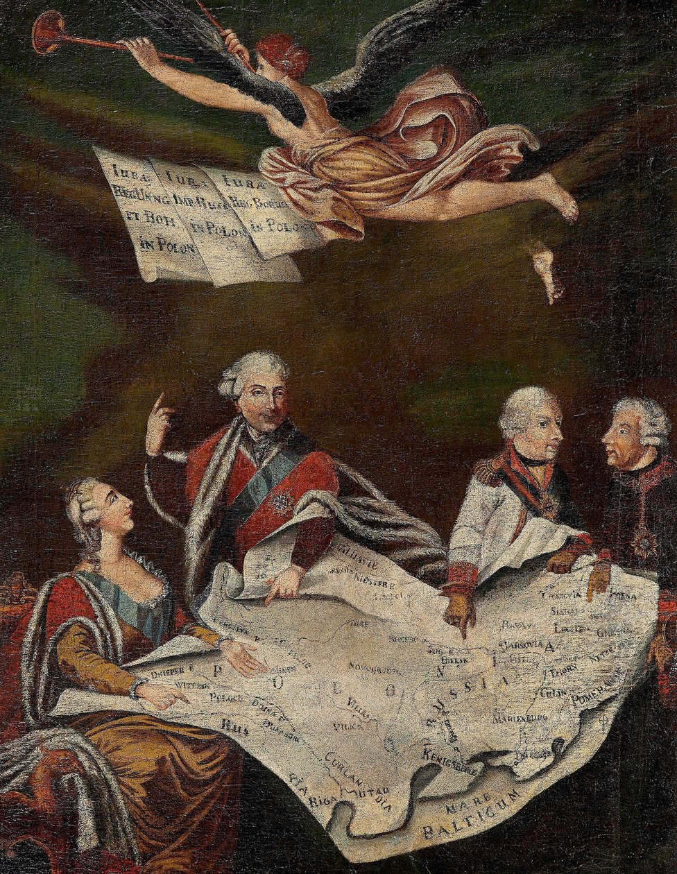 Allegoria Puolan jakamisesta Venäjän Katariina II:n (1729-1796), Stanislas II Augustuksen (Stanislaw August Poniatowski) kesken tekijältä Anonymous Anonymous