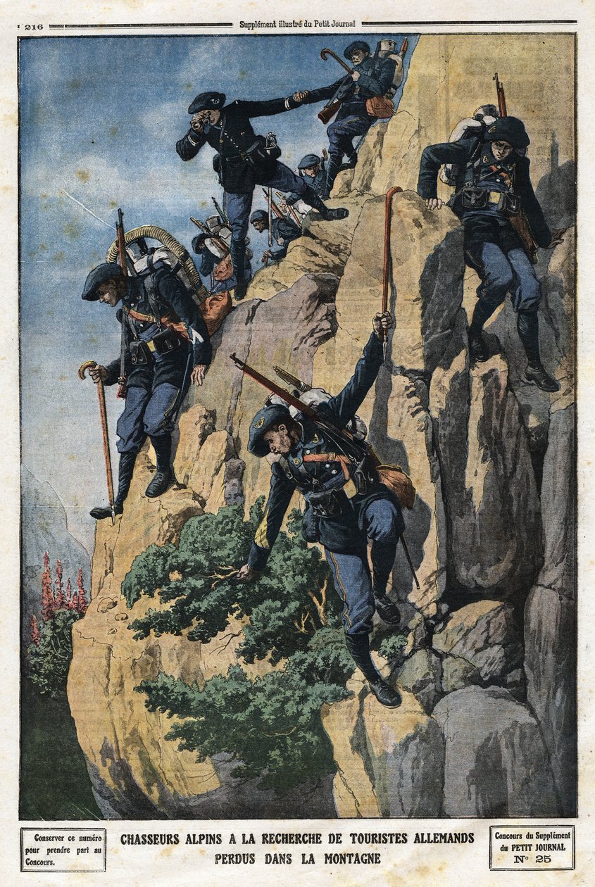 Alppimetsästäjät etsivät kadonneita saksalaisia turisteja. He halusivat mennä Chartreusen vuoren Nero-vuorelle (helmet du Nero). Kaiverrus "" Le Petite Journalissa" 7.7.1912. Yksityinen kokoelma. tekijältä Anonymous Anonymous