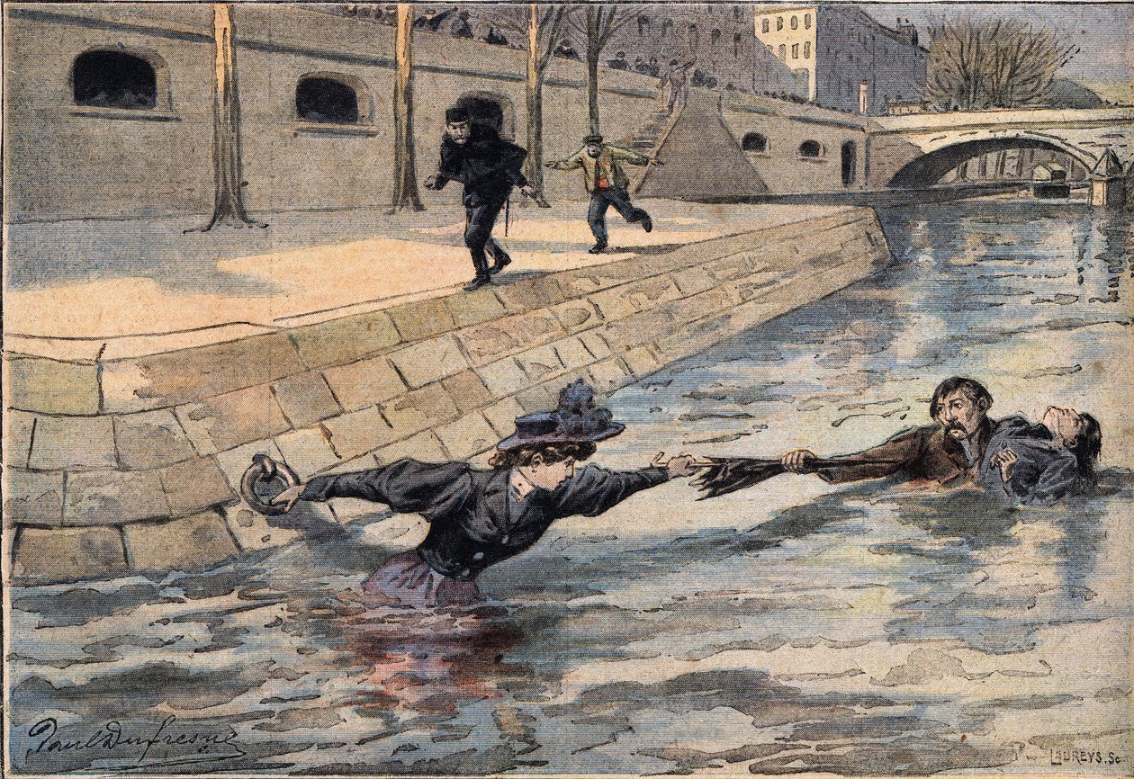 Nerokas pelastus: lähellä Pyhän Isän siltaa nuotoihin saostuneen naisen pelastaa toista naista auttanut mies. Kaiverrus sanomalehdestä "" Le Petite Parisien", 8/03/1908. Yksityinen kokoelma. tekijältä Anonymous Anonymous