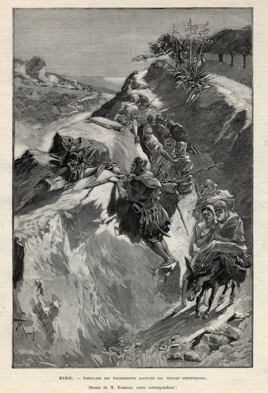 Andjera-vuoren kapina Marokossa: Angherristien väijytys odottamassa Sheriffin joukkoja. Kaiverrus "Le monde illustree" -kirjaan vuodelta 1892. Yksityinen kokoelma. tekijältä Anonymous Anonymous