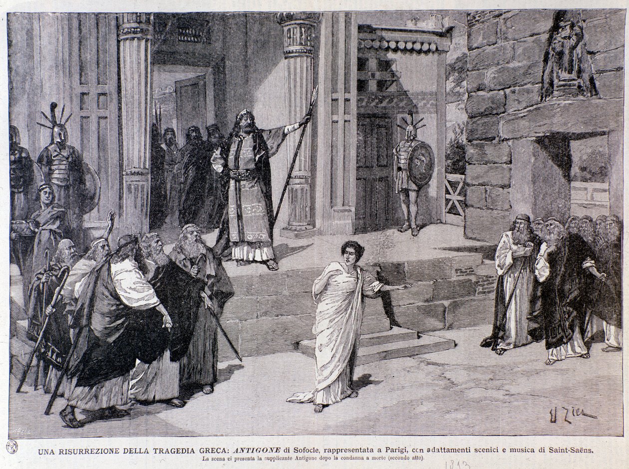 Antigone tuomittiin kuolemaan. Kohtaus näytelmästä Antigine, jossa on Camille Saint-Saensin musiikki, esitettiin Pariisissa tekijältä Anonymous Anonymous