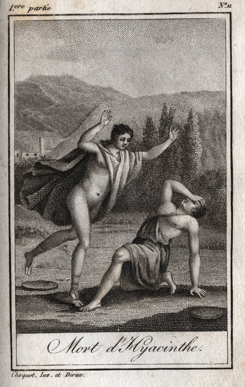 Apollo ja Hyacinthos (Hyasintin kuolema) Kaiverrus vuodelta 1819 Charles Albert Demoustierin (1760-1801) kirjaan "Lettres a Emilie sur la mythologie". Yksityinen kokoelma. tekijältä Anonymous Anonymous
