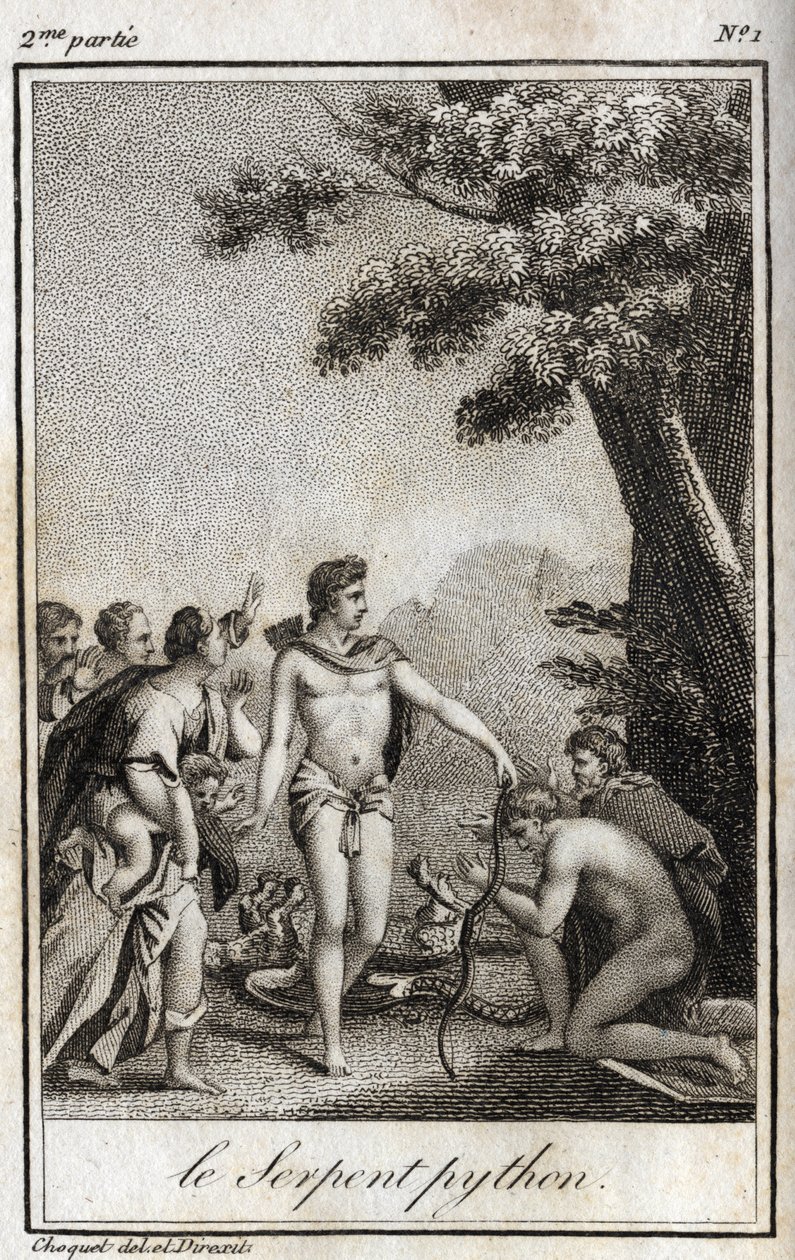 Apollo ja Python-käärme Parnassus-vuorella. Kaiverrus vuodelta 1819 Charles Albert Demoustier