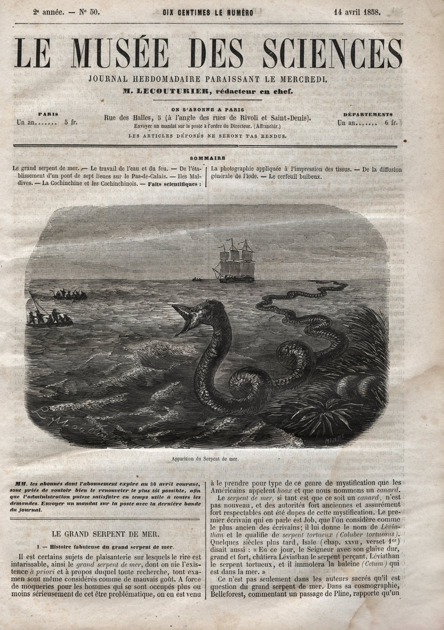Merikäärmeen ulkonäkö. Kaiverrus vuodelta 1858. Yksi "Musee des Sciences" -näyttelystä 14. huhtikuuta tekijältä Anonymous Anonymous