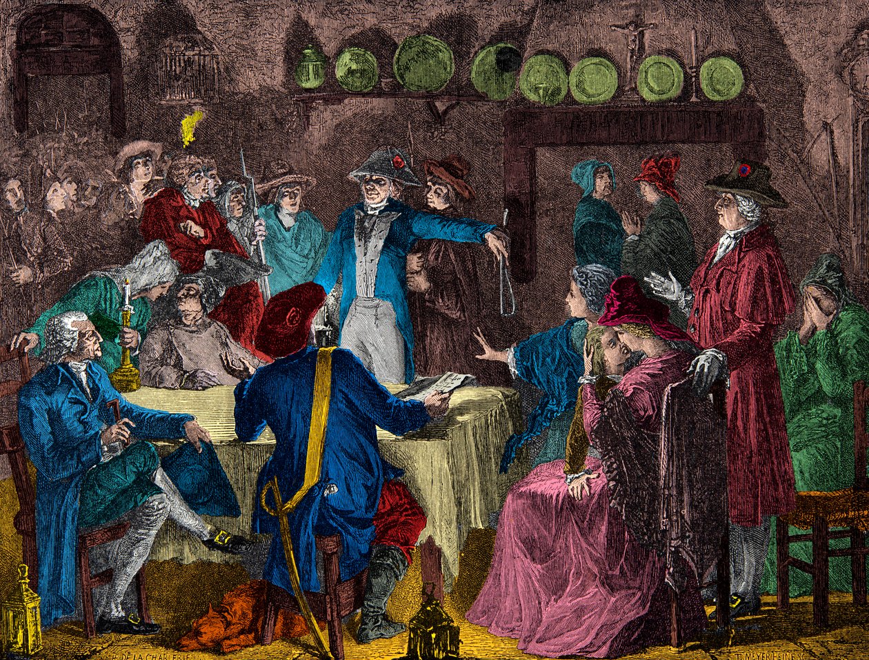 Kuningas Ludvig XVI:n ja kuninkaallisen perheen pidätys Varennesissa vuonna 1791, kaiverrus, yksityinen kokoelma tekijältä Anonymous Anonymous