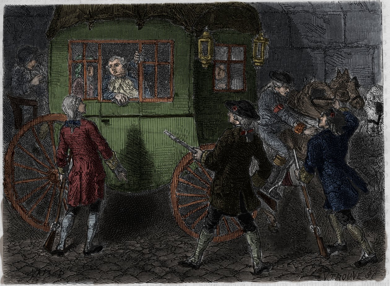 Ludvig XVI:n (1754-1793) ja hänen pakenevan perheensä pidätys Varennesissa 21. kesäkuuta 1791. Kaiverrus vuodelta 1866 kirjaan "Histoire de la Revolution francaise", kirjoittanut Adolphe Thiers. . tekijältä Anonymous Anonymous