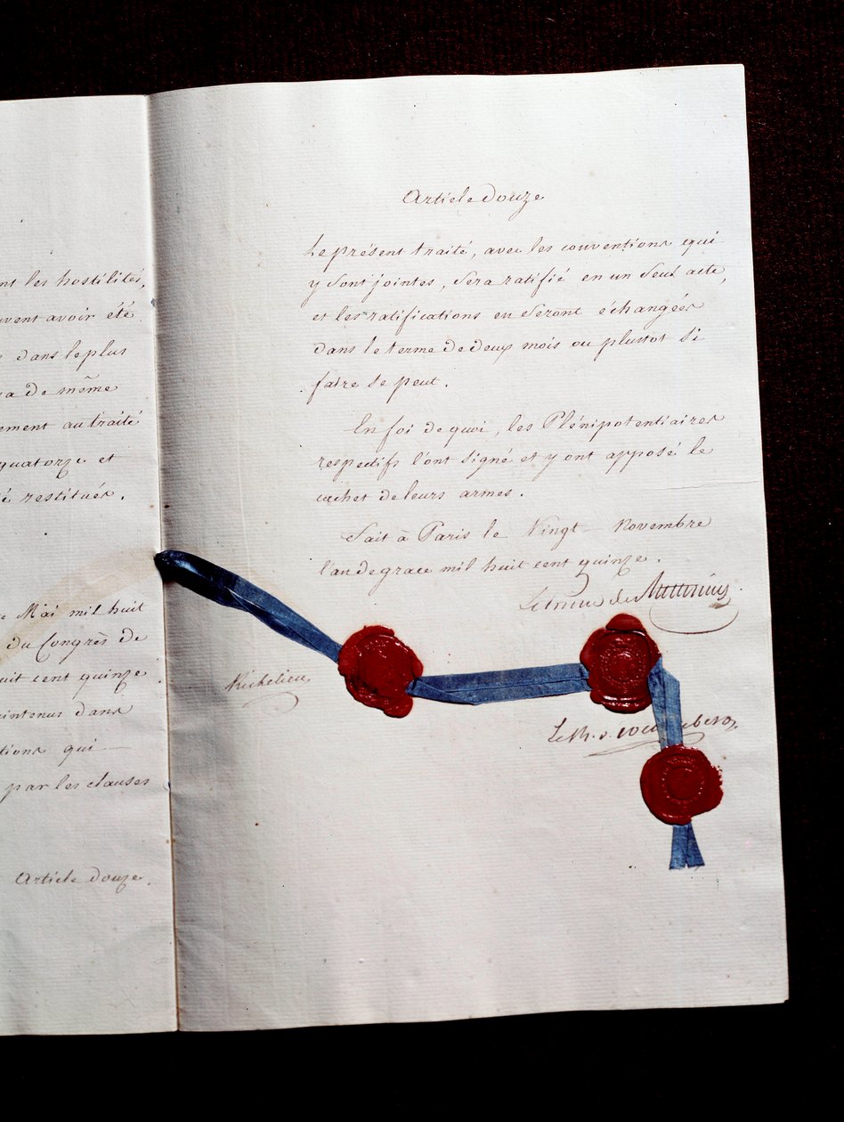 Ranskan ja Coalisien välisen vuoden 1815 sopimuksen 12 artikla. Toinen Pariisin sopimus, jonka allekirjoitti Armand Emmanuel de Vignerot du Plessis, Richelieun herttua (1766-1822): Sopimuksessa määrätään yhteistyöstä Itävallan, Yhdistyneen kuningaskunnan,  tekijältä Anonymous Anonymous
