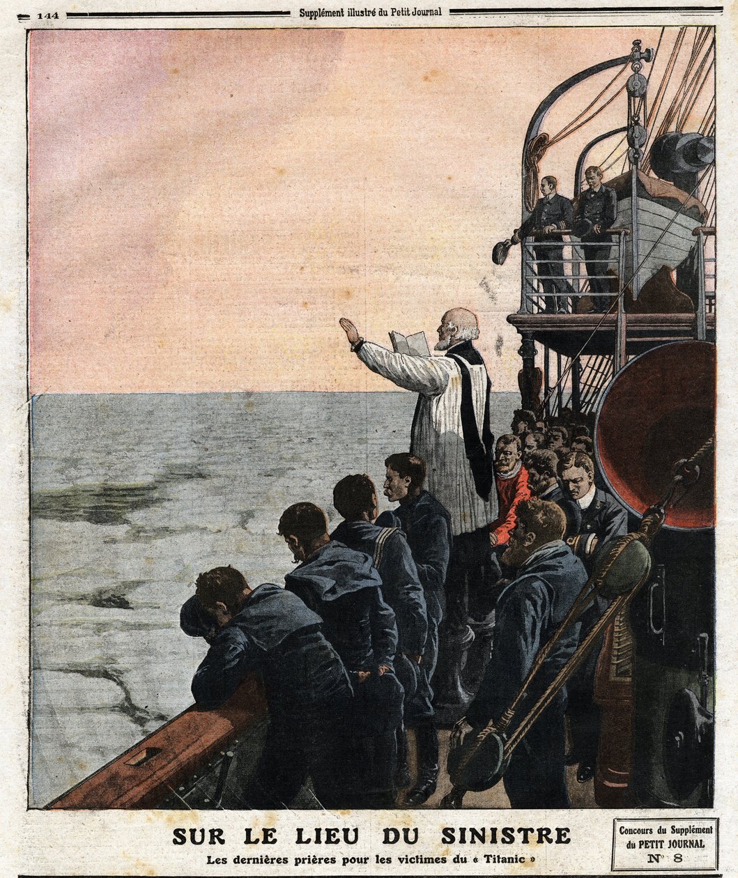Katastrofipaikalla viimeiset rukoukset Titanicin uhrien puolesta. Aloitusmatkallaan Southamptonista New Yorkiin brittiläinen transatlanttinen laiva "The Titanic" törmäsi jäävuoreen yöllä 14. huhtikuuta. tekijältä Anonymous Anonymous