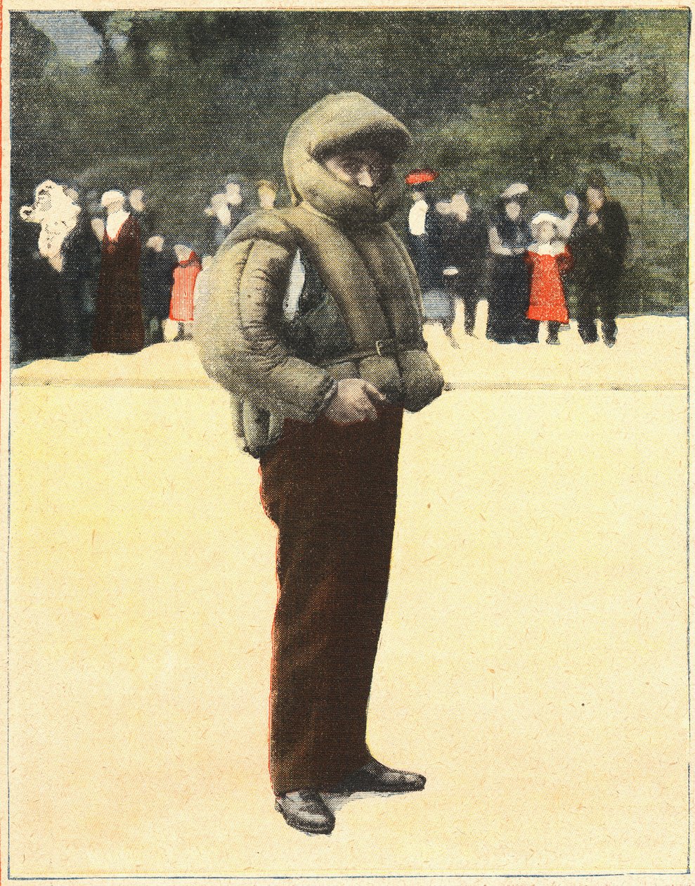 Ilmailu: Ilmapuku, joka on suunniteltu suojaamaan lentäjiä putoamiselta. Kaiverrus kirjassa "" Le petit parisien"" 16.10.1910. Yksityinen kokoelma. tekijältä Anonymous Anonymous