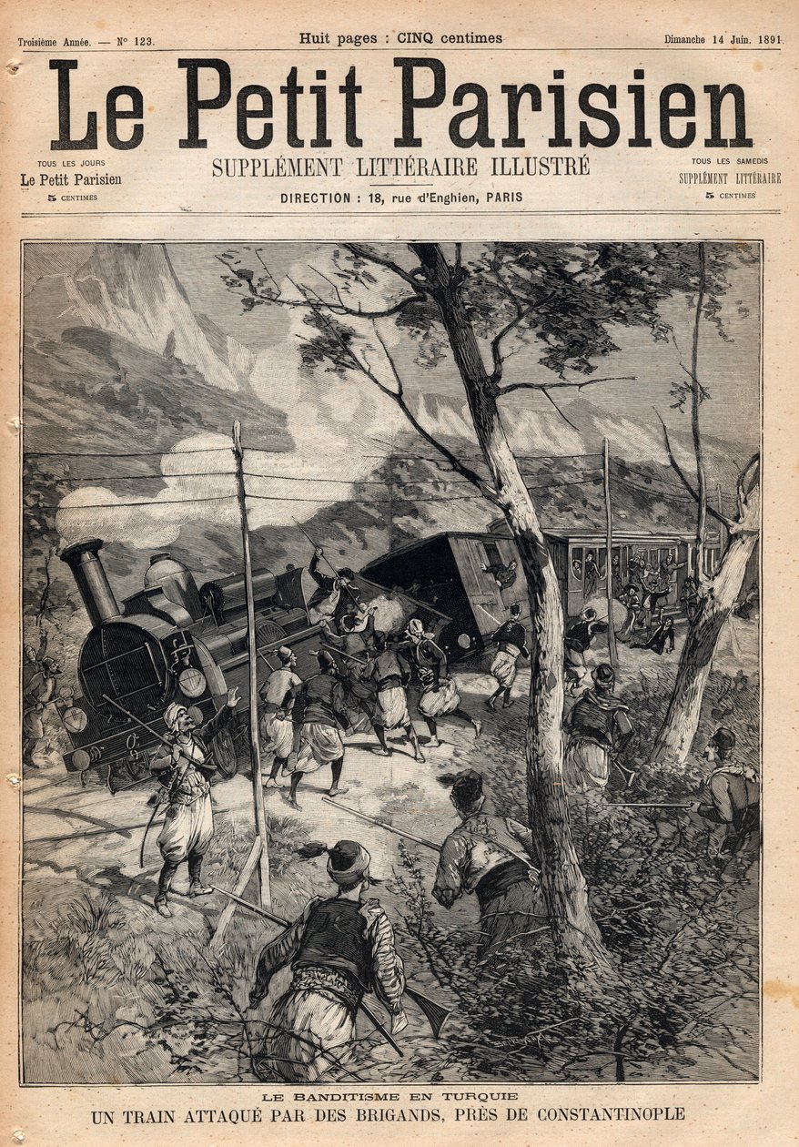 Ryöstö Turkissa, juna, johon rosvot hyökkäsivät lähellä Konstantinopolia. Kaiverrus "" Le petit Parisien"" vuodelta 1891. Yksityinen kokoelma. tekijältä Anonymous Anonymous