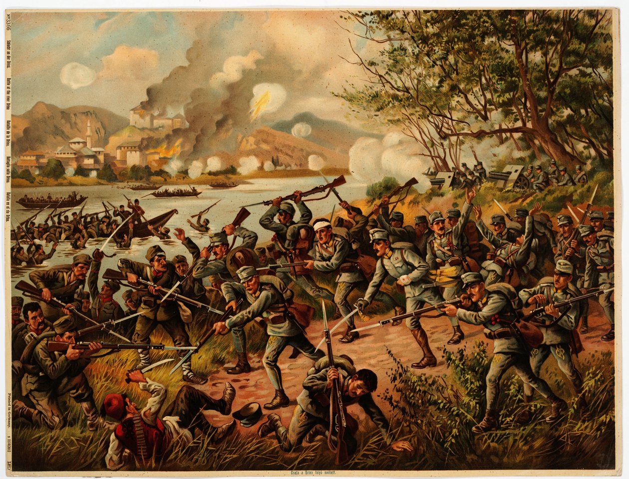 Bataille de la Drina (Bosnie, Serbia) 1914 - Drinan taistelu - Nimetön - 1914 - Värilitografia - 39x52,2 - Yksityiskokoelma tekijältä Anonymous Anonymous