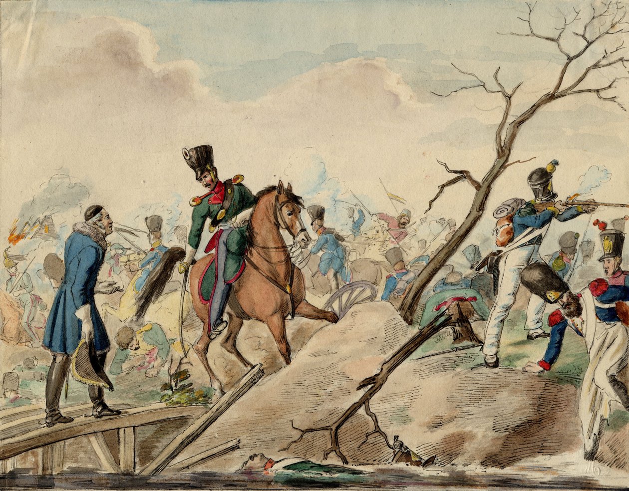 Bataille de Leipzig (bataille des Nations) - Jakso Leipzigin taistelusta - Nimetön - 1813 - Vesiväri paperille - 16,2x20,8 - Yksityiskokoelma tekijältä Anonymous Anonymous