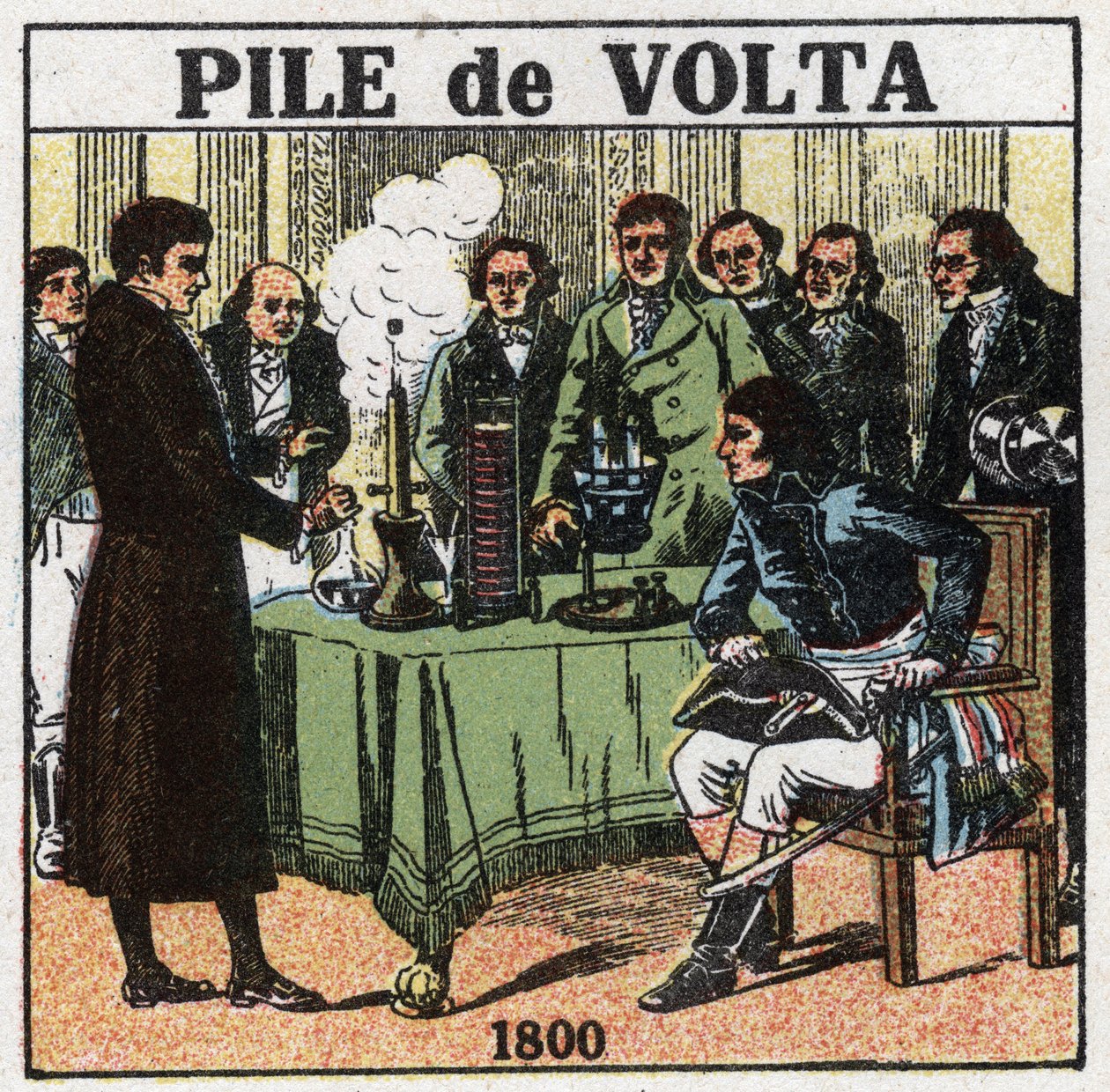 Paristot ja akut: Alessandro (Alexandre) Volta (1745-1827) esitteli vuonna 1801 konsulille Napoleon Bonapartelle (1769-1821) Institut national de Francessa kokeidensa tulokset, joiden ansiosta hän keksi sähköakun. Anonyymi il tekijältä Anonymous Anonymous