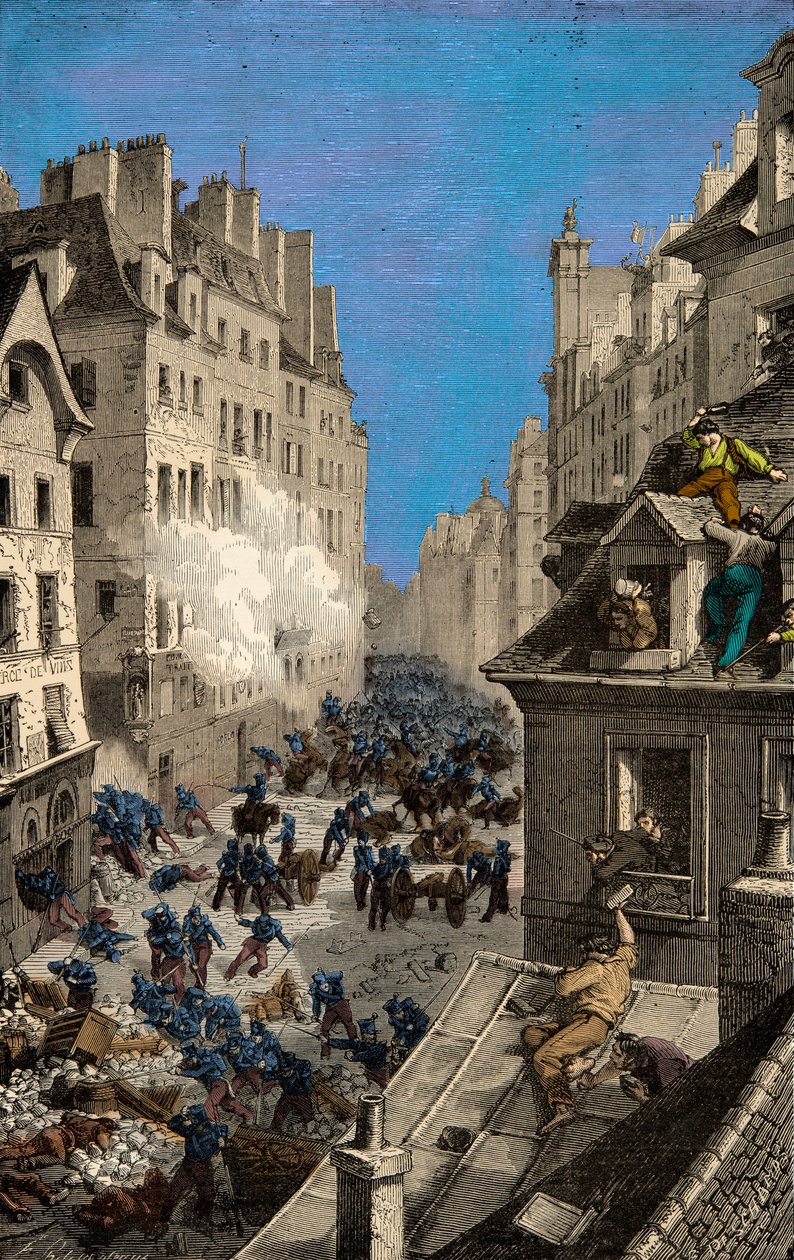 Taistelu Rue Saint Antoinen barrikadilla vuonna 1830, kaiverrus, yksityinen kokoelma tekijältä Anonymous Anonymous