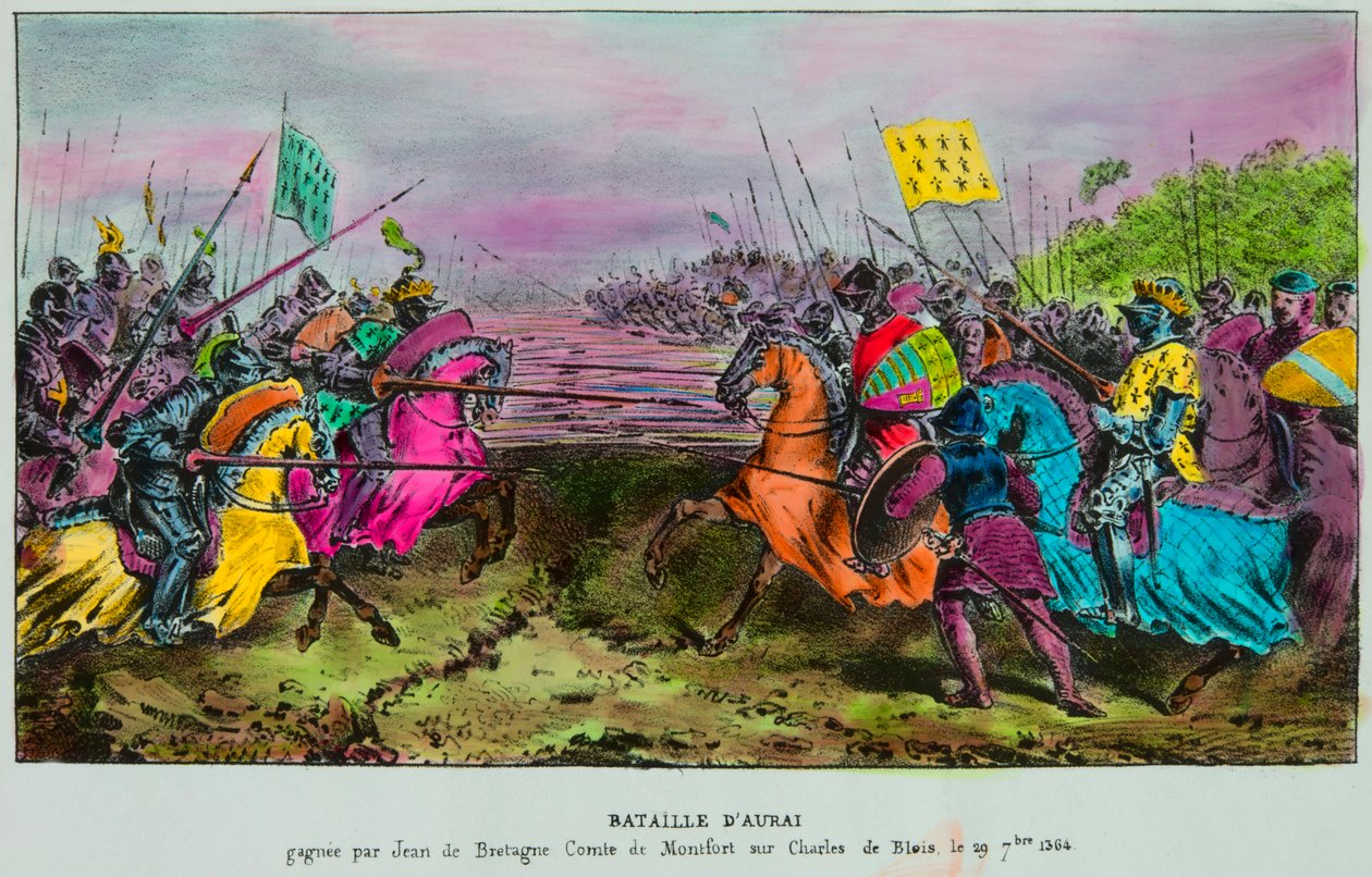 Aurayn taistelu 29. syyskuuta 1364 Bretagnen viimeinen peräkkäinen taistelu anglo bretonilaisen armeijan välillä Johannes IV:n Bretagnen (Johannes III Montfort, Jean Le Conquereur tai Le Vaillant) käskyjä vastaan tekijältä Anonymous Anonymous