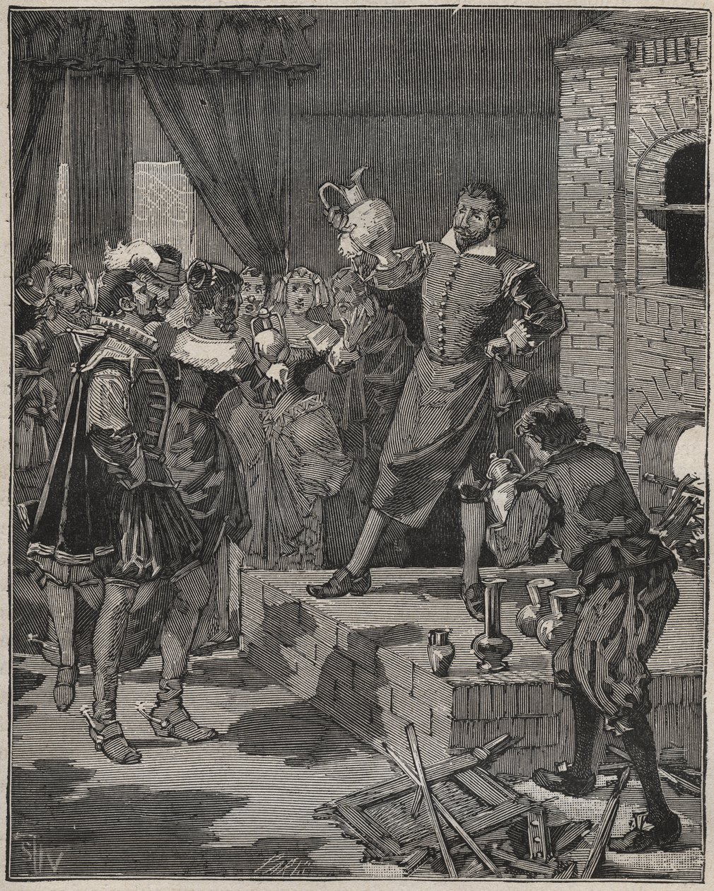 Bernard Palissy (1510-1589), ranskalainen voittoisa keraamikko, poistaa ensimmäiset emalipalansa uunista. Kaiverrus vuodelta 1880 kirjassa "Les arts et metiers illustres", kirjoittanut Adolphe BITARD. tekijältä Anonymous Anonymous