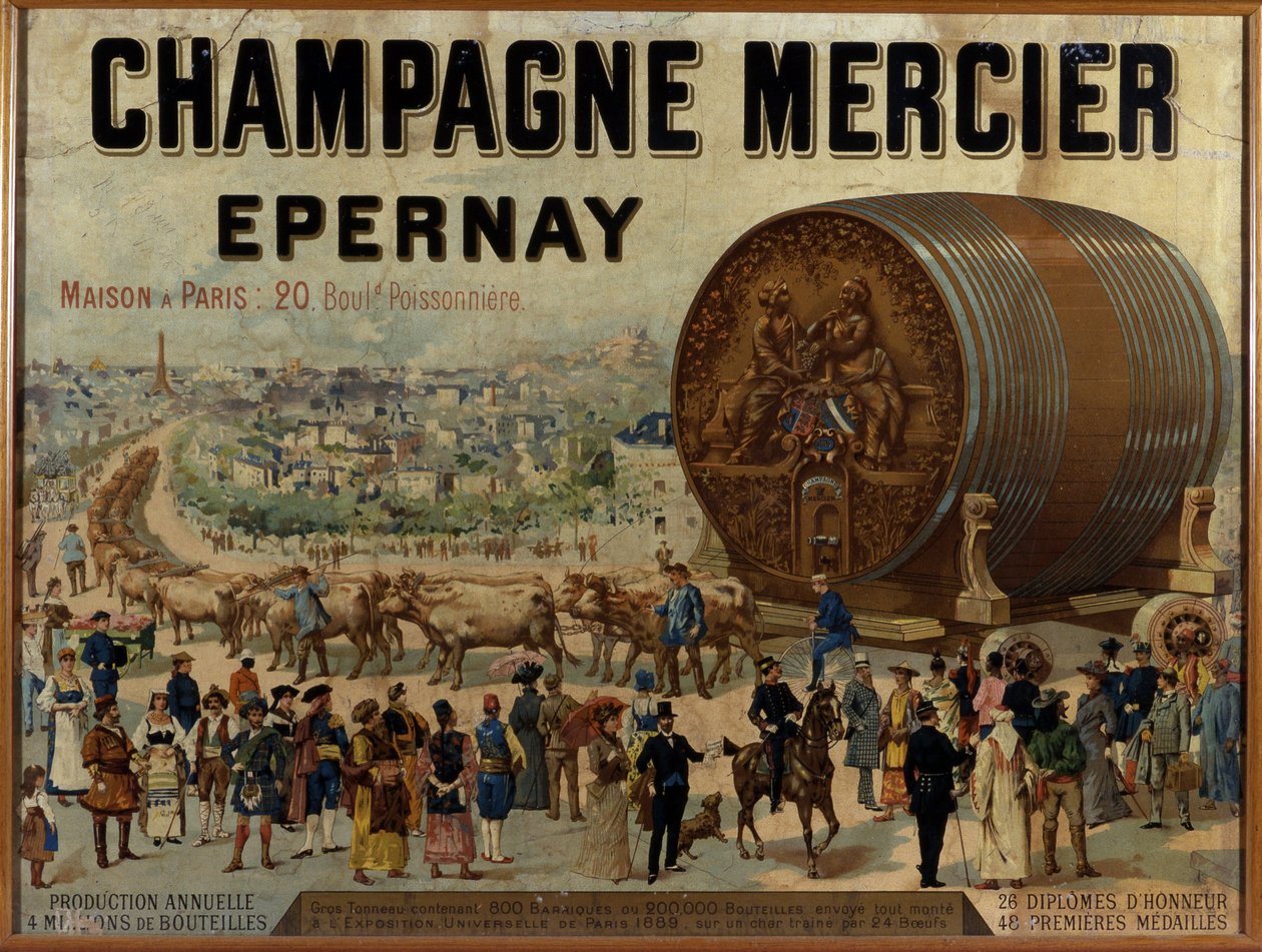 Iso tynnyri samppanjaa Expo Universelle de 1889 -näyttelyssä - Mercier-samppanjan mainosjuliste, 1800-luvun loppu tekijältä Anonymous Anonymous