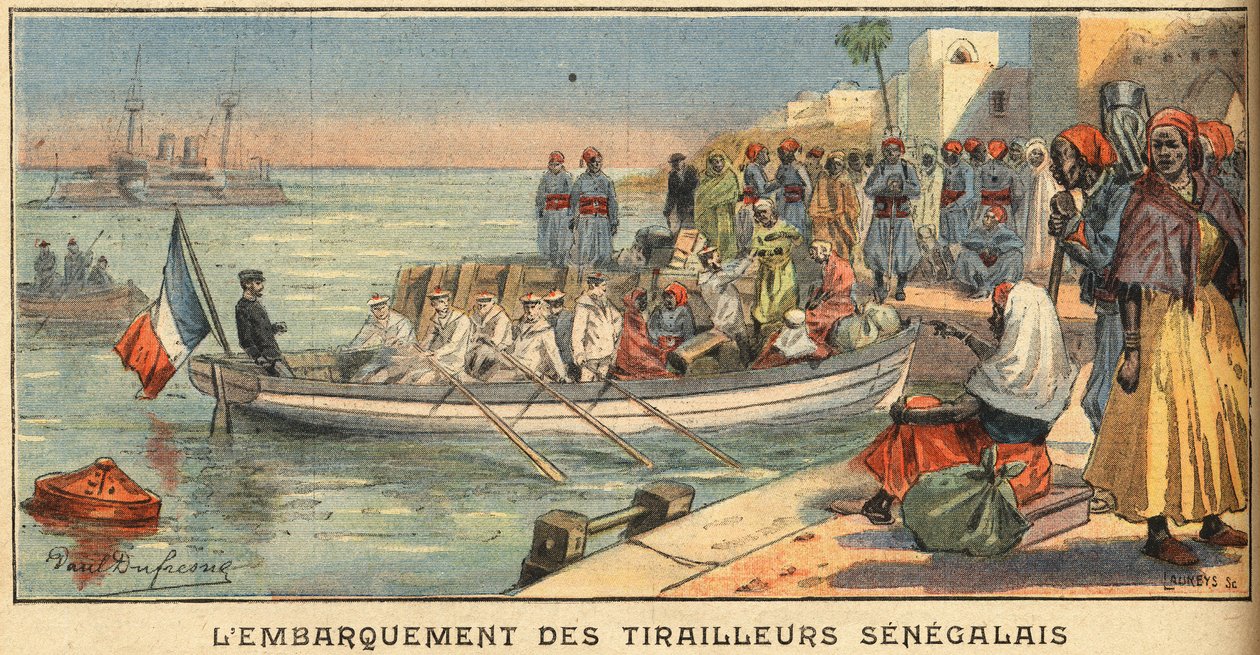 Senegalilaisten ratsastajien kyytiin vaimonsa kanssa. Kaiverrus sanomalehdestä "" Le Petite Parisien"", 22.3.1908. Yksityinen kokoelma. tekijältä Anonymous Anonymous