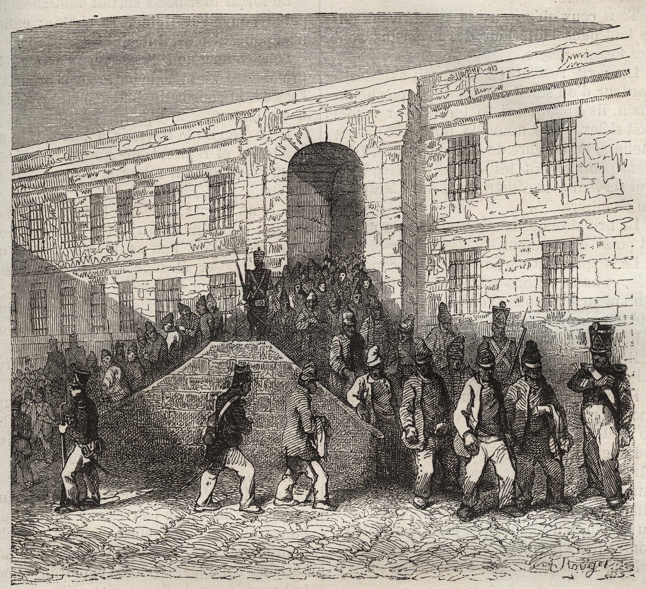 Brestin vankila 1800-luvulla. Pierre Zacconen (1817-1895) (1817-1895) (Colonia Penale - Penal Colony) kaiverrus kirjaan ”Vangoitujen historia heidän luomisestaan ​​nykypäivään” (1877). Yksityinen kokoelma. tekijältä Anonymous Anonymous