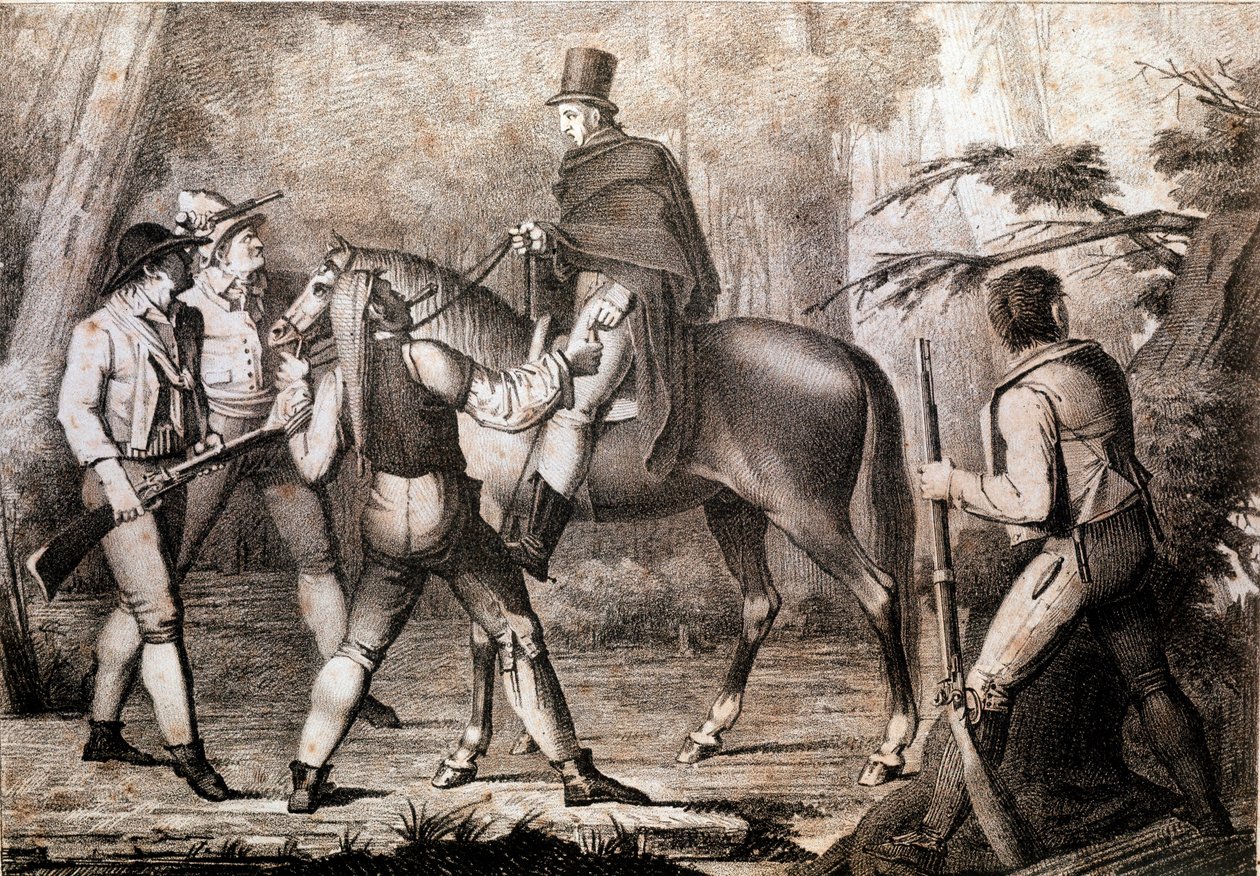 Rikaat hyökkäämässä hevosmatkustajaa vastaan 1800-luvun Print Private Collection tekijältä Anonymous Anonymous