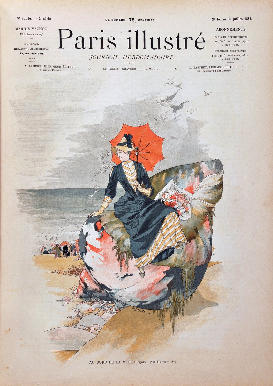 Meren rannalla, allegoria Habert Dys. Tyylikäs nainen, jolla on sateenvarjo, istuu jättimäisen kuoren päällä, poseeraa rannan hiekalla. Kaiverrus vuodelta 1887 "" Paris-Illustrous Journal -viikkolehdessä"". tekijältä Anonymous Anonymous