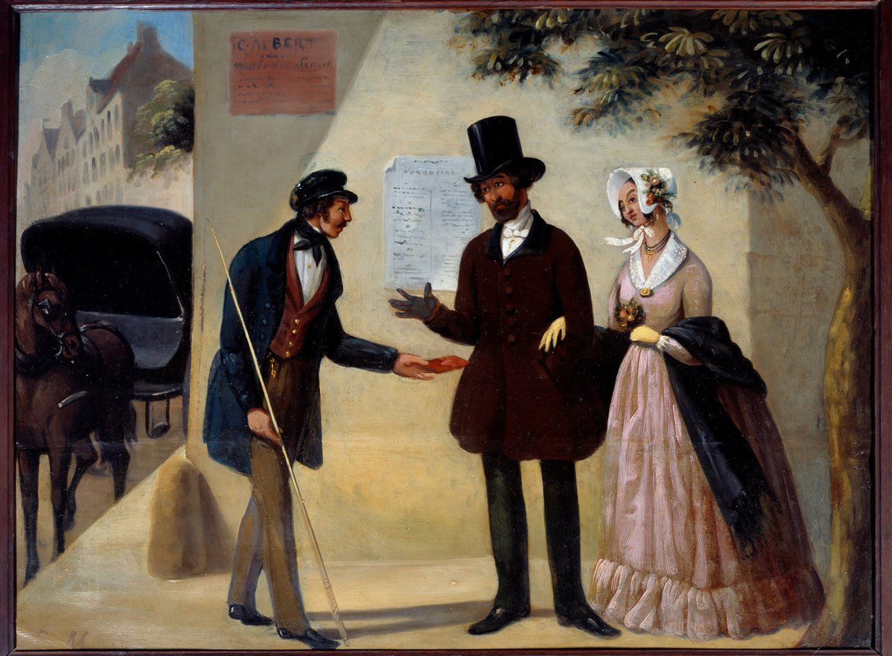 Kabareekyltti "" Au coc fidele"", pariisilainen vaunumies, joka tarjoaa palvelujaan pariskunnalle. Anonyymi maalaus 1800-luvulta. Aurinko. 0,64x0,84 m Pariisi, Musee Carnavalet tekijältä Anonymous Anonymous