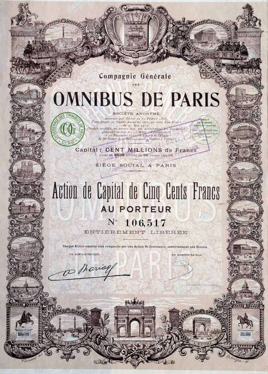 500 frangin pääomaosuus Pariisin omnibusista, 1900-luku Coll. Jaa tekijältä Anonymous Anonymous