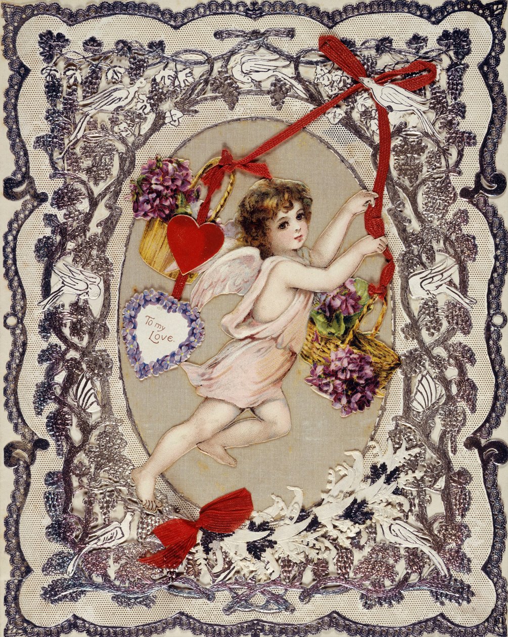 Ystävänpäiväkortti - Nimetön työ, litografia, decoupage, paperipitsi ja nauhat, noin 1860-1870 - Ystävänpäiväkortti, Mixed media mukana - Yksityiskokoelma tekijältä Anonymous Anonymous