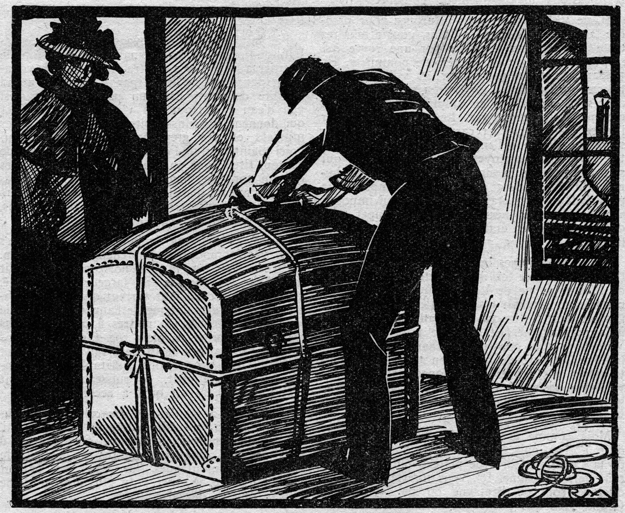 Tapaus Eyraud-Bompard (Eyraud Bompard) tai verisen arkun tapaus: löysi arkun, jolla piilotettiin ulosottomies Gouffen ruumis, jonka pariskunta Michel Eyraud ja Gabrielle Bompard murhasivat Pariisissa vuonna 1888. Kuva otettu julkaisusta "" Le petit journa tekijältä Anonymous Anonymous