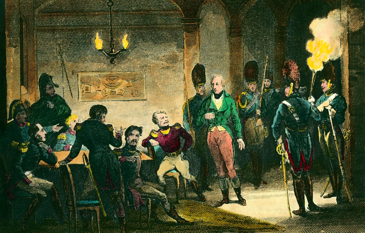 Louis de Bourbonin, Enghienin herttuan (1772-1804) tapaus: kohtaus prinssin oikeudenkäynnissä, jota epäillään salaliitosta ensimmäistä konsulia Napoleon Bonapartea vastaan, hänet tuomittiin ja teloitettiin ilman todisteita. Kaiverrus vuodelta 1804. Yksityi tekijältä Anonymous Anonymous