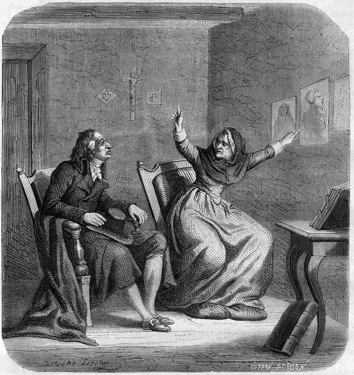 Catherine Theot (1716-1794) mystinen ja ranskalainen visionääri Antoine Christophe Gerlen kanssa, dit Dom Gerle (1736-1801) - Kaiverrus Alphonse de Lamartinen (1790-1869) "Histoire des Girondins" -kirjaan 1865-1866 - Yksityinen kokoelma tekijältä Anonymous Anonymous