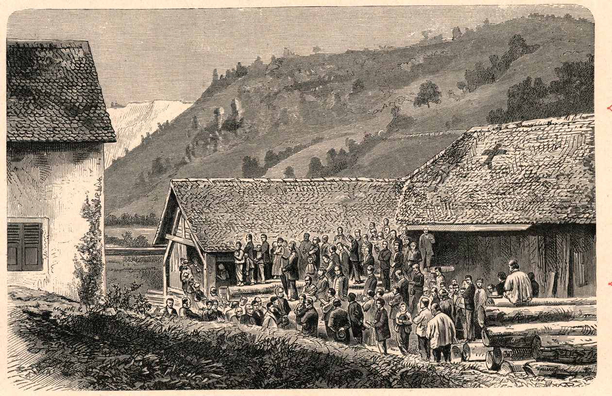 Katolisen jumalanpalveluksen juhliminen Saint Ursannessa (Saint Ursanne) Sveitsissä vuonna 1874 valokuvan jälkeen. Louis-Eugene (Louis Eugene) Louvetin kaiverrus "Katoliset lähetystyöt XIX-luvulla". yksityinen kokoelma. tekijältä Anonymous Anonymous