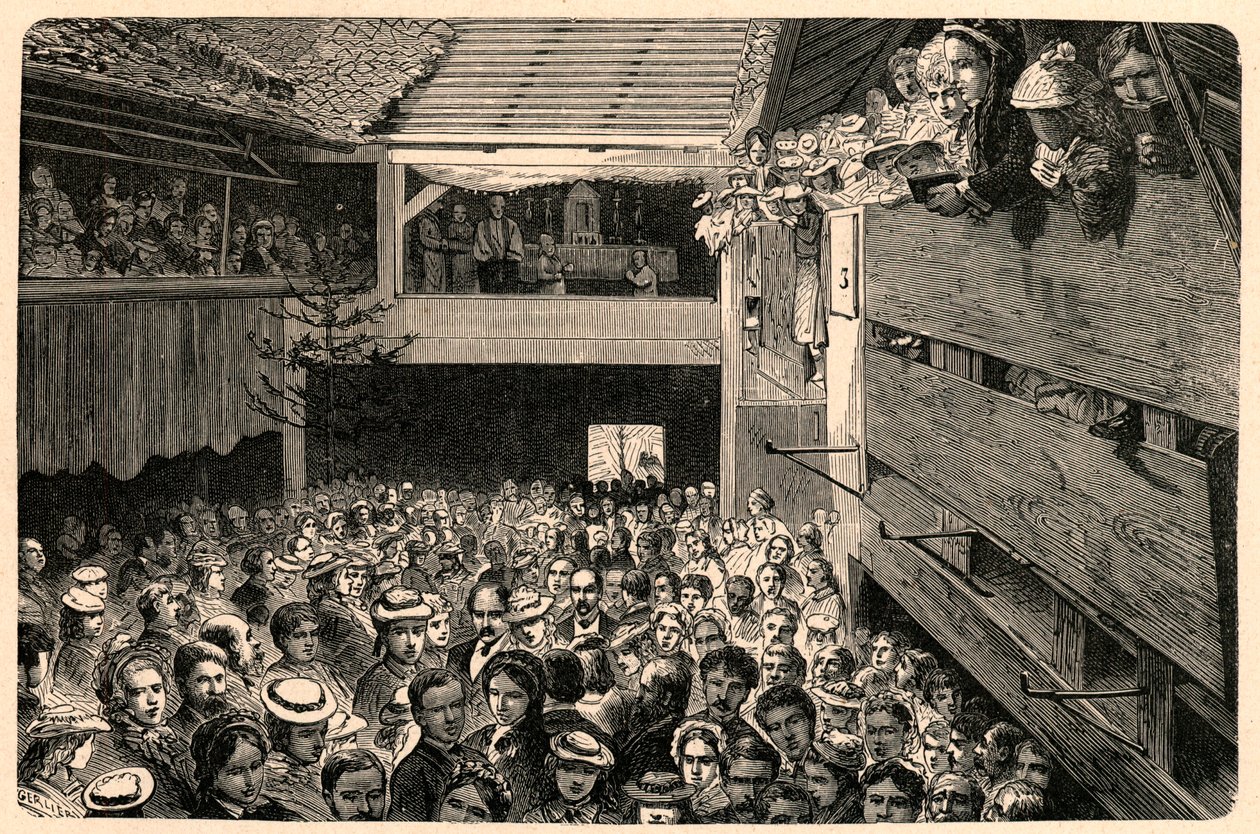 Katolisen jumalanpalveluksen juhliminen Porrentruyssa Sveitsissä vuonna 1874 valokuvan jälkeen. Kaiverrus "Les Missions Catholiques au XIXeme Siecle" Louis-Eugene (Louis Eugene) Louvet. yksityinen kokoelma. tekijältä Anonymous Anonymous