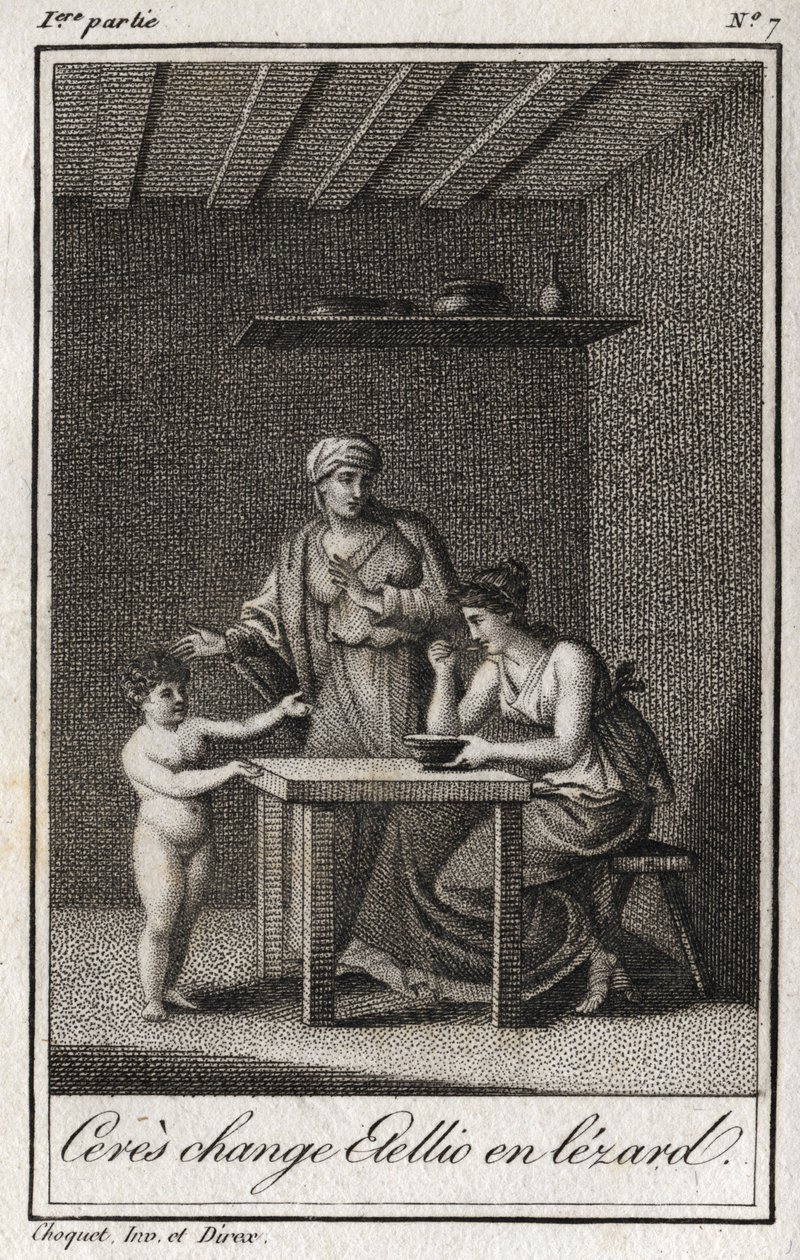 Ceres muuttaa Stellionin lezardiksi. Kaiverrus vuodelta 1819 Charles Albert Demoustier