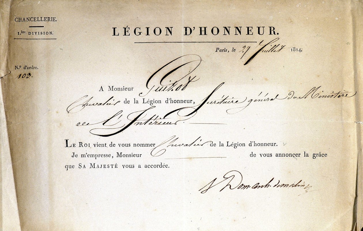 Todistus kunnialegioonan luovutuksesta sisäministeriön pääsihteeri Guizotille, 21.7.1814. tekijältä Anonymous Anonymous