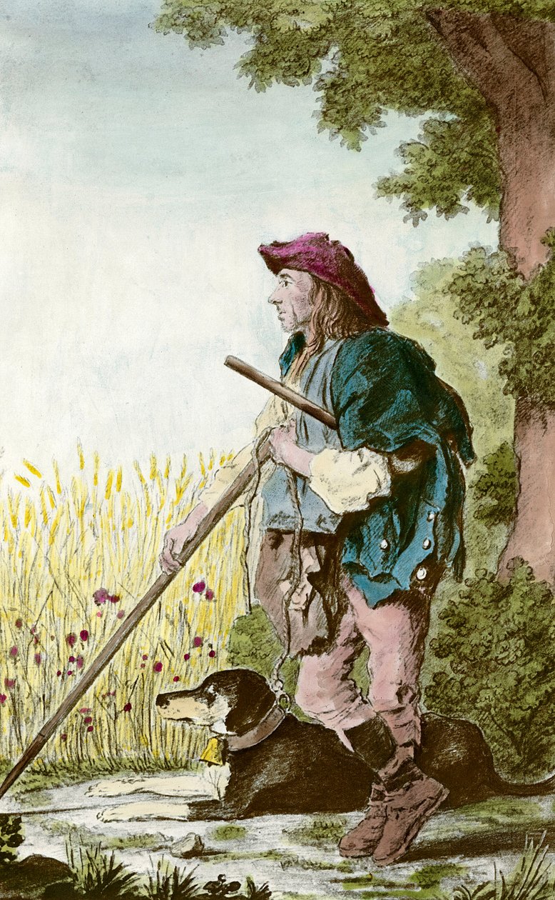Vartijan hahmo muistelee: talonpoika katselee peltoja koiransa kanssa 1700-luvun yksityiskokoelman vedos tekijältä Anonymous Anonymous