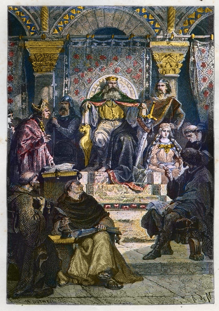 Kaarle Suuri (742 - 814) valtaistuimellaan puheenjohtajana palatsiakatemiaa - Kaarle Suuri (747-814) frankkien kuningas ja lännen kristitty keisari Aachenin (Aachen) palatsikoulun puheenjohtajana - kaiverrus kirjasta "" L