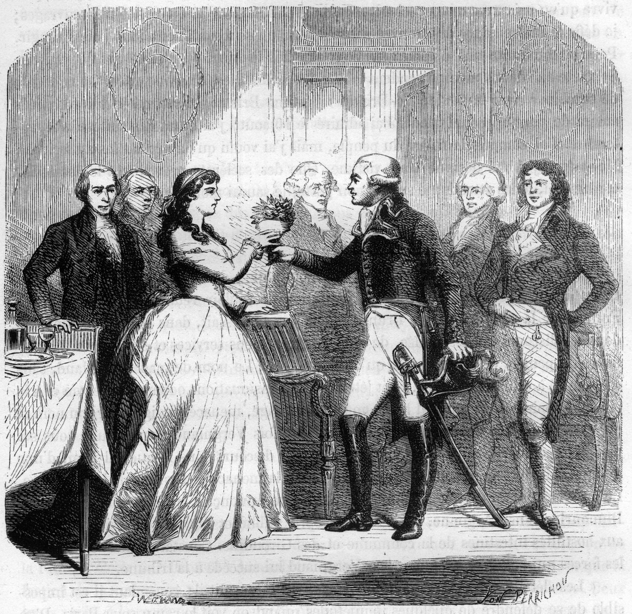 Charles Francois du Perier dit Dumouriez (1739-1823), ranskalainen kenraali Madame Rolandissa (Manon Roland) (1754-1793) - Kaiverrus Alphonse de Lamartinen (1790-1869) "Histoire des Girondins" -kirjaan 1865-1866 - Yksityinen kokoelma tekijältä Anonymous Anonymous