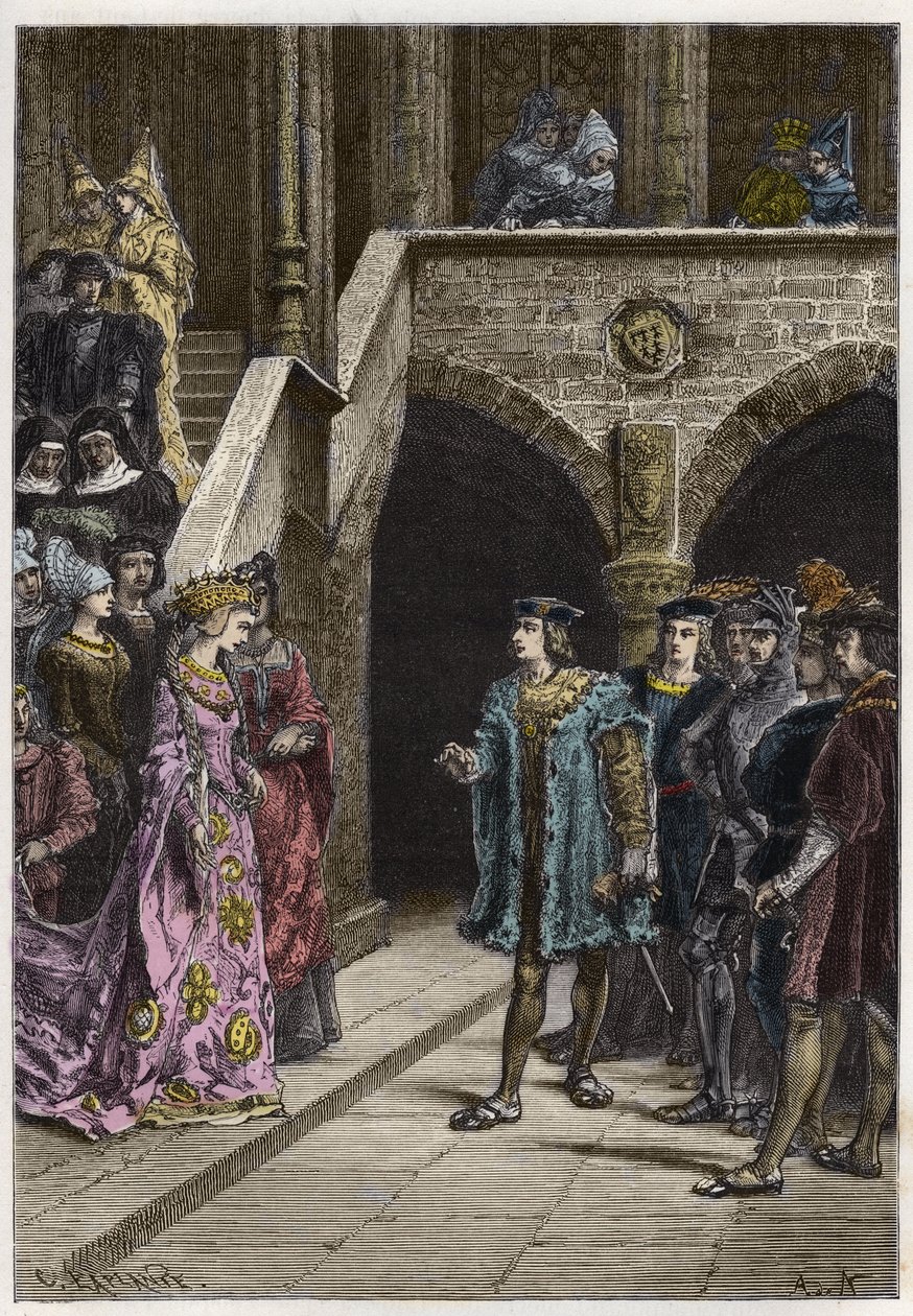 Kaarle VIII ja Anna Bretagnen - Kuningas Kaarle VIII:n (1470-98) ja Bretagnen kuningatar Annen tapaaminen - kaiverrus kirjasta "" Ranskan historia kerrottiin lapsenlapsilleni"" - kirjoittanut Francois Guizot - 1872-1876 tekijältä Anonymous Anonymous