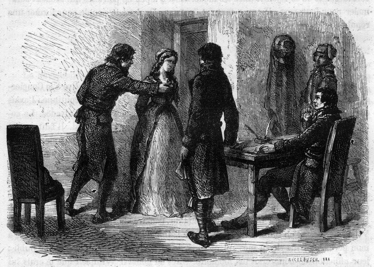 Charlotte Corday (1768-1793), Francois Chabotin (1756-1794) kaiverrus - Alphonse de Lamartinen (1790-1869) kaiverrus "Histoire des Girondins" 1865-1866. Yksityinen kokoelma tekijältä Anonymous Anonymous