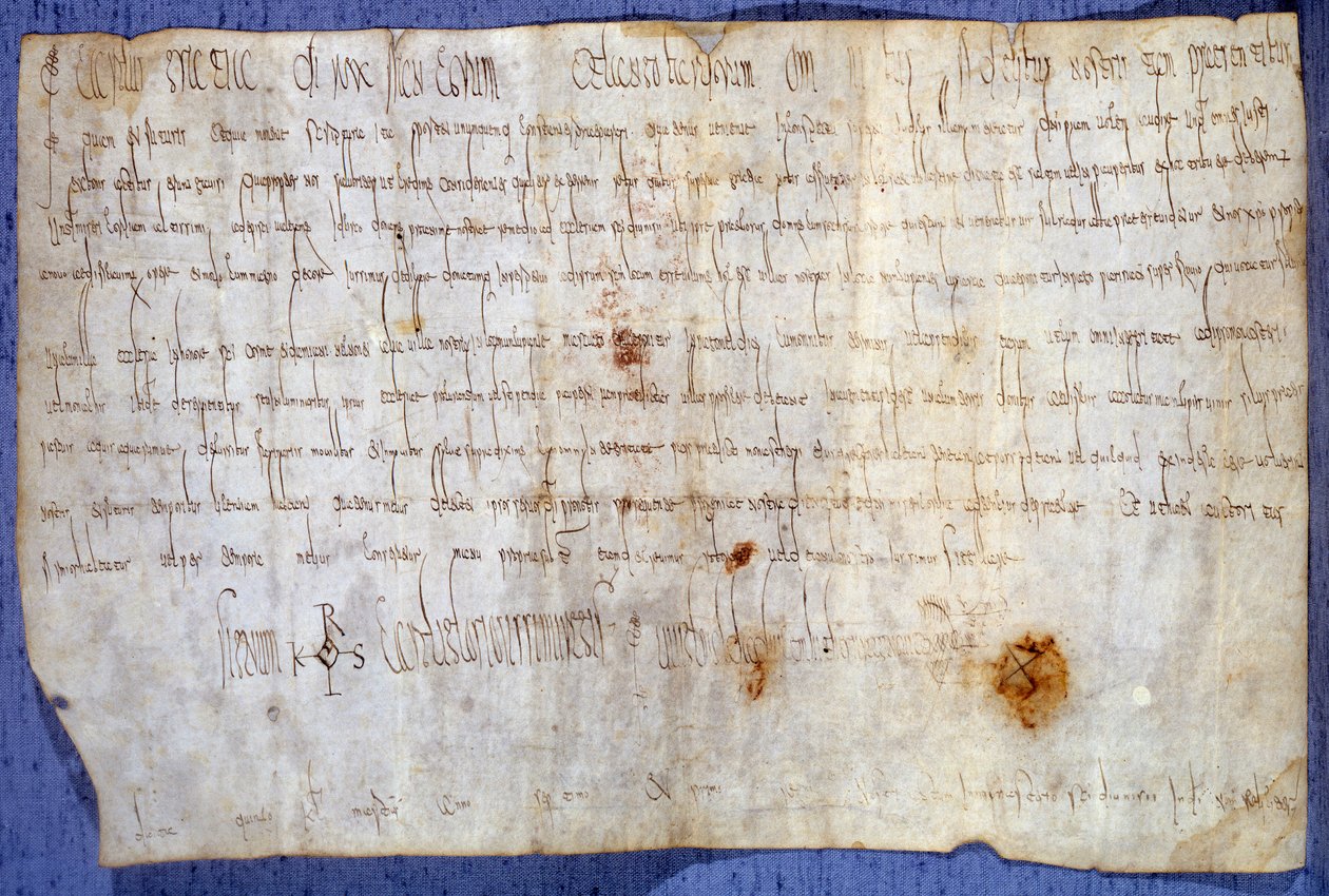 Kuningas Kaarle Suuren (Kaarle I, Kaarle Suuri tai Carolus Magnus) peruskirja (742-814), joka vapauttaa Saint Germain des Presin luostarin verosta 27.3.779. Pariisi, Kansallisarkisto tekijältä Anonymous Anonymous