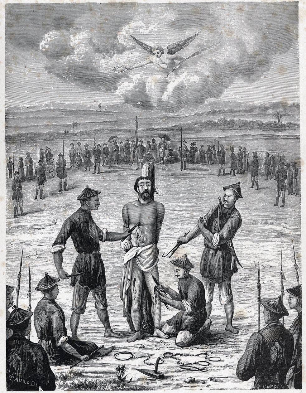Kristittyjen vaino: ranskalainen lähetyspappi Joseph Marchand kärsi "sadan haavan piinasta" Cochinchinassa 30. marraskuuta 1835. Kaiverrus Louis-Eugene (Louis Eugene) Louvet