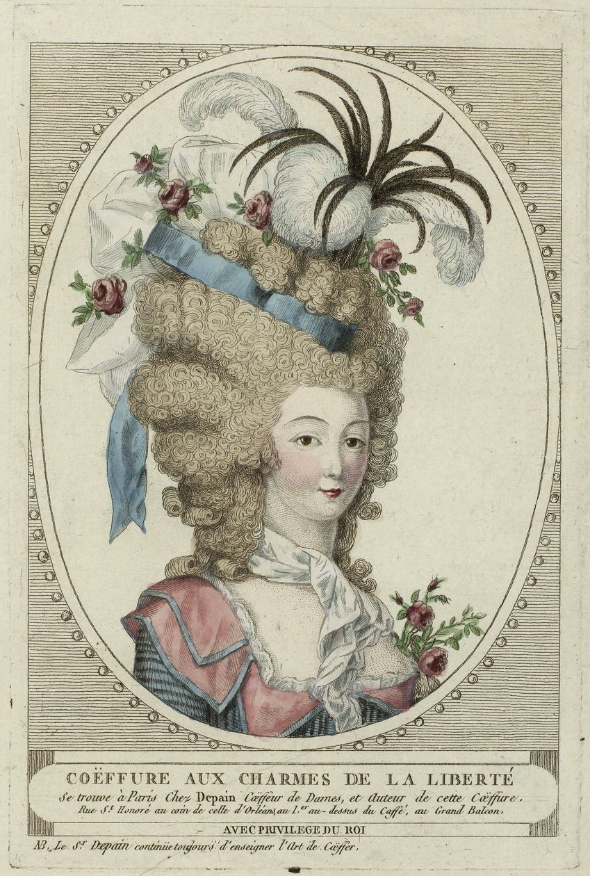 Coiffure Aux Charmes De La Liberte, Nimetön. Kuparikaiverrus, akvarelli, c. 1790, yksityinen kokoelma tekijältä Anonymous Anonymous