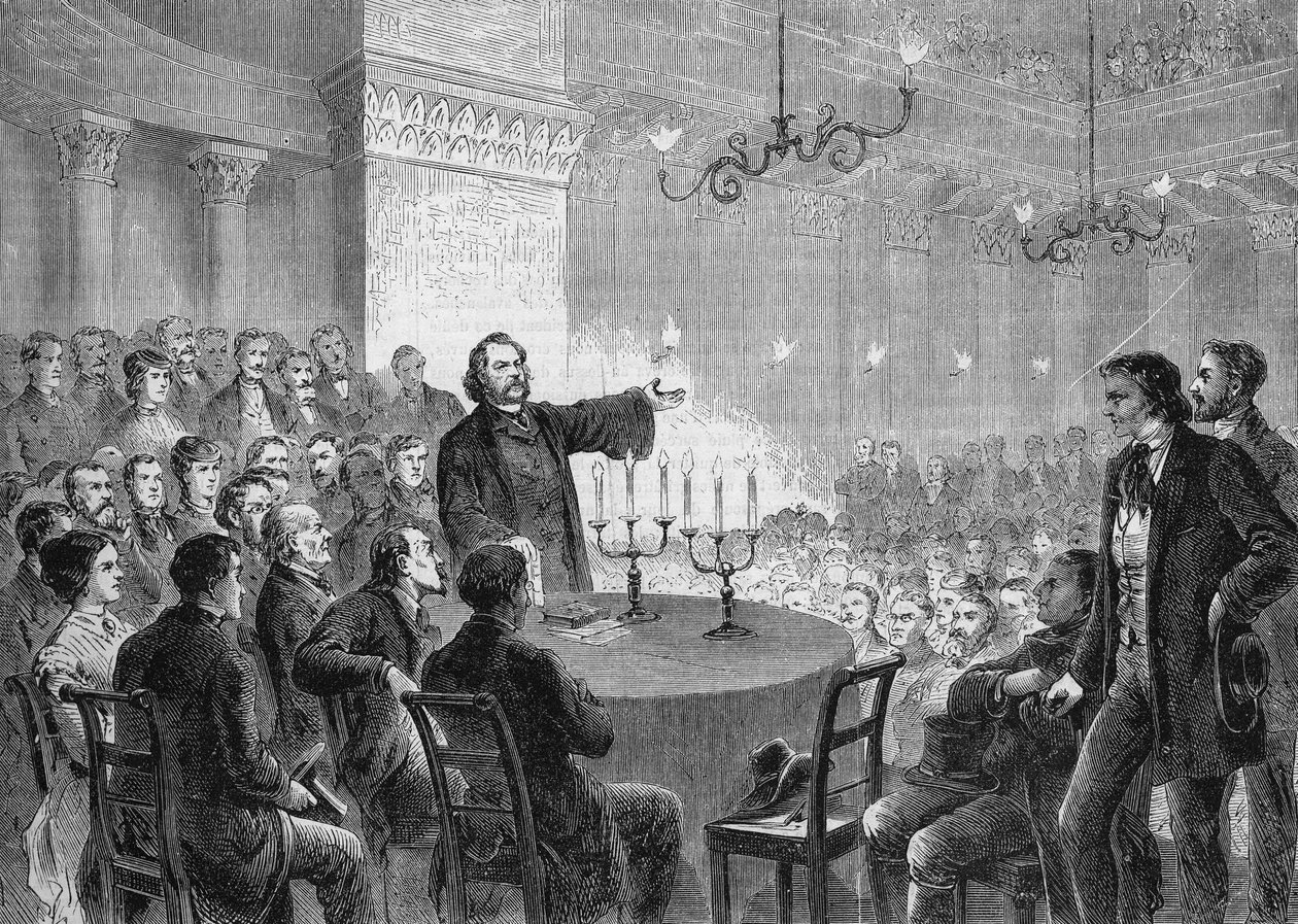 Uudistaja Johannes (Jean) Rongen (1813-1887) konferenssi Wienissä vuonna 1868. Hän perusti universaalin kristillisen kirkon. kaiverrus vuodelta 1868. Yksityinen kokoelma. tekijältä Anonymous Anonymous