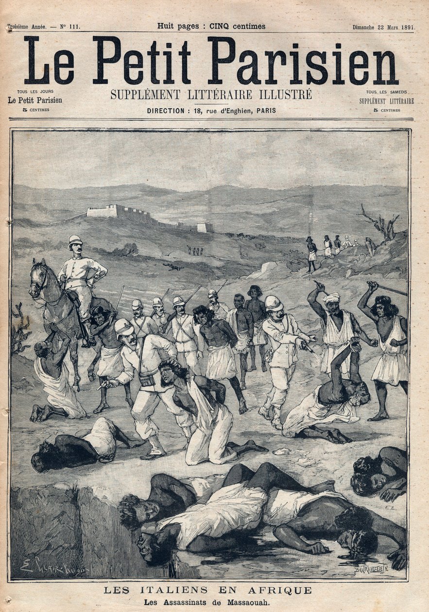 Valloita Erythree Italian toimesta. Massaouahin (Erythree) murhat. Kaiverrus "" Le petit Parisien"" 22-03-1891. Yksityinen kokoelma. tekijältä Anonymous Anonymous